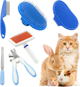 Rabbit Grooming Kit with Slicker Rabbit Brush Bath Massage Glove Brush Pet Shedding Comb Nail Clipper Trimmer 6 Piece Set for Bunny Kitten Guinea Pig Cat Chinchilla Ferret Small Animals