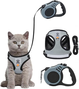 Cat Harness and Lead Set, Escape Proof Kitten Harness with Cat Leash, 16.4 Ft / 5 M Automatic Retractable Cat Lead for Garden, Reflective Adjustable Soft Vest for Small Cat Walking (Grey, M)