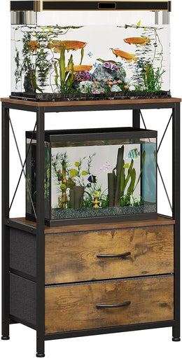10 Gallon Aquarium Stand with 2-Tier Shelf Fish Tanks Stands with 2 Drawers Metal Frame Heavy Duty Reptile TurtleTank Stand with Storage for Living Room Brown