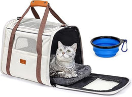 Morpilot Cat Carrier - Airline Approved, Top Opening Portable Dog Bag with Breathable Mesh/Removable Mat, Adjustable Shoulder Strap & Bowl, Foldable Travel Cage, M, Beige (Max 7kg)