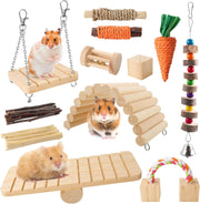12PCS Hamster Chew Toys Set,Small Animal Molar Wooden Toys,Boredom Breakers Cage Accessories, Dumbbell Bridge Swing Seesaw Apple Wood Ladder Bell for Rat Guinea Pig Chinchilla Gerbils Rabbit