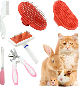 6pcs Rabbit Bunny Grooming Kit with Brushes for Shedding, Pet Shedding Comb, Pet Nail Clipper, Grooming Slicker Brush, Glove Needle Massage Grooming Comb for Hamster, Guinea Pig (Red)