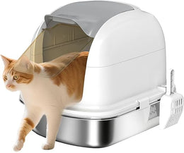 PawHut Stainless Steel Cat Litter Tray with Lid, High-Sided XL Enclosed Metal Litter Box for Big Cats with Scoop, Flip-Cover, Easy Clean