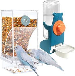 No Mess Bird Feeder Water Dispenser Set, Automatic Parrot Feeder Cage Accessories, Clear Parakeet Seed Container Food Feeder Drinker for Cage, Cockatiel Finch Lovebirds Budgies Canary (Set-B)