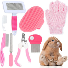 MIAOZ Rabbit Care Set with Nail Clippers and Trimmer, Pet Hair Remover, Long and File, Flea Comb, Shampoo Bath Brush for Rabbits, Puppies, Kittens, Guinea Pigs, Ferrets, Small Animals (Pink)