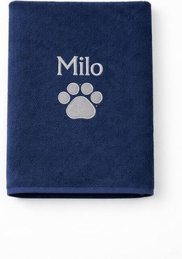 Personalised Dog Towel Quick Drying Microfibre Towel with Pet’s Name & Paw Print Small & Large Ultra Soft & Ultra Absorbent Grey or Blue (Blue, Small 50cm x 100cm)