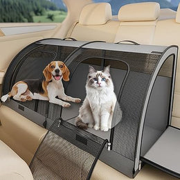 Foldable Pet Car Carrier Bag, Double Car Pet Seat for 2 Cats or Medium Animals, Portable Dog Travel Bag with Breathable Mesh Fabric, Collapsible Dog Car Crate with 4 Side-opening Door, 100X50X50