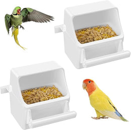 Pawfly 2 Pcs Bird Feeder for Cage Hanging Plastic Cage with Hooks, Water Dispenser with Perch Bird Water Feeder, Food Bowl for Parakeet Cockatiel Canary