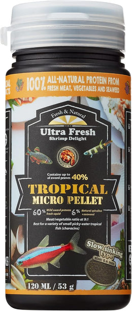 Ultra Fresh Tetra Fish Food, Slow Sinking, All Natural Ingredients, Wild Sword Prawns, Spirulina, Color Enhancement, Small Granules, Tropical Micro Pellet 53g