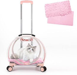 Transparent & Fully Breathable cat Carrier with Rolling Wheels for Dogs, Cats, or Bunnies, Multiple Carrying Options, Perfect for Traveling/Taking a Walk (pink)