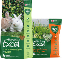 Burgess Excel Rabbit Food & Hay Value Bundle - 3KG Nuggets & 1KG Long Stem Feeding Hay for Adult Rabbits – Dust Extracted Timothy Hay & Mint Pellets