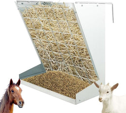 GYMAX Large Hay Rack, 2-in-1 Hay & Grain Feeder with Adjustable Hooks and Food Saving Grid, Wall-Mounted Hay Rack, Galvanized Steel Livestock Food Feeders for Goat Sheep Horse