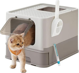 FEANDREA Cat Litter Box with Lid, Covered Litter Box with Top Entry, Slide-Out Tray, Scoop, Brush, for Large Cat, Max. Load 33 lb, Anti-Tracking, Anti-Leaking, Oatmeal and Warm Gray PPT001G01