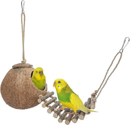 Niteangel Natural Bird Nests Coconut Hideaway with Ladder, Bird and Small Animal Toy (House with Ladder, Natural Surface)