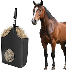 Hanging Hay Feeder Bag with Adjustable Strap, Slow-Feed Oxford Cloth Tote with Metal Rings for Horses, Goats, Sheep, Donkeys and Alpacas