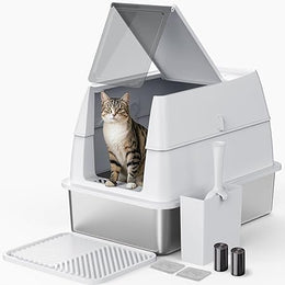 FURTIME Cat Litter Box High Sided Stainless Steel Litter Tray with Lid, 60cm Enclosed Metal Extra Large Litter Tray for Big Cat, Enclosed and Open Type Dual-Use, 60x40x45cm