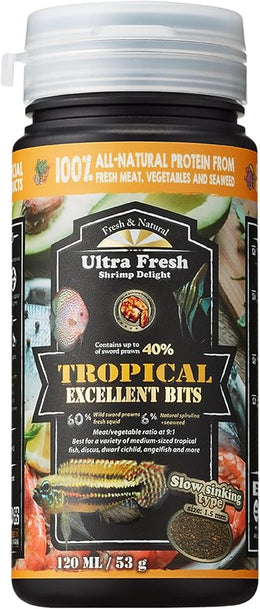 Ultra Fresh Tropical Fish Food, Wild Sword Prawn, Natural Color Enhancement, Slow Sinking Pellet for Discus, Angelfish, Medium Sized Cichlids and Fish, Tropical Excellent Bits 53g