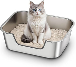 Stainless Steel Cat Litter Tray with Low Entry, Metal Cat Litter Box for Senior or Injured Cats, XXL Large Cats Toilet for Small Large Pets, Odour-Free, Non-Stick, Easy to Clean, 17.5