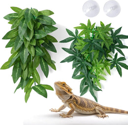 SLSON 2Pcs Reptile Hanging Plants with Suction Cup for Terrarium Accessories, Artificial Hanging Vines Plants for Geckos Bearded Dragon Lizard Chameleon Habitat Decoration (Green, Green)