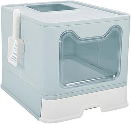 Large Cat Litter Tray, Hooded Cat Litter Box with Drawer Pan and Scoop, Odor Control Easy Clean Litter Box, Blue, 51 x 41 x 38 cm