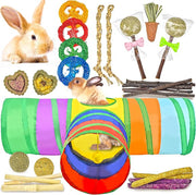 26-in-1 Natural Rabbit Toys with Rabbit Tunnel Set, Various Chew Toys Boredom Breakers Collapsible Tunnel and Hides for Rabbits, Hamster, Guinea Pig Small Animals Teething Activity