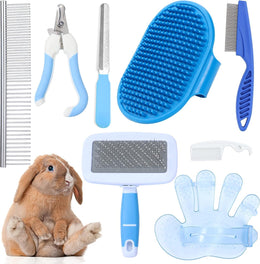 8 PCS Small Animal Grooming Kit Professional Pet Set with Slicker Brush Massage Glove Nail Clipper Flea Comb -Sided for Rabbits Guinea Pigs Hamsters Bunnies