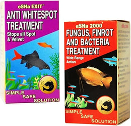 Esha 2000 and Esha Exit Fungus Whitespot Aquarium Fish Treatment Finrot Bacteria Dropsy