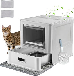 Marchul Cat Litter Box, Enclosed Stainless Steel Cat Litter Box with Lid & Drawer Design, Litter Tray for Indoor Cats, Baffles for Anti-Leakage, with Scoop & Mat, Smell Free, Upgraded with Base