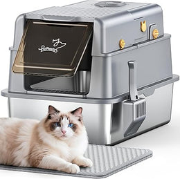 Stainless Steel Cat Litter Tray, XXL Litter Box with 105° Flip Lid, Detachable Metal Large Pet Toilet with Cat Litter Deodorizer, High Sided Litter Tray with Deodorizing Block, Mat and Scoop