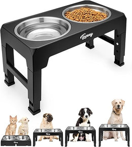 Toozey Raised Dog Bowl Height-Adjustable, Elevated Dog bowls with 2x 1200ml Stainless Steel Bowls, for Small Medium & Large Dogs, Non-Slip and No Spill, Black