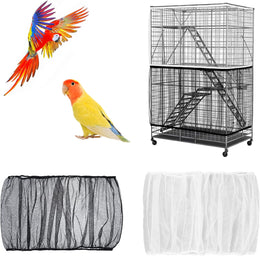 2 Pcs Bird Cage Seed Catcher Nylon Airy Gauze Bird Cage Cover Seeds Guard Dust-Proof Universal Birdcage Accessories Prevent Scatter and Mess Reusable Adjustable Lightweight (Black White)