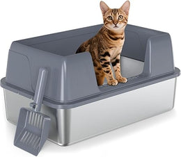 Vivifying Stainless Steel Cat Litter Tray, Easy to Clean and Odour-Resistant XL Stainless Steel Cat Litter Box with Scoop for Cats up to 8.2kg (Grey)
