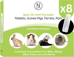 Naqua 8 x Anti-Parasite spot-on pipettes. Treatment for rabbits, ferrets, guinea pigs, rats & chinchilla. Vet strength, kills fleas, lice, mange mites