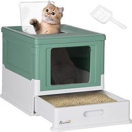 PawHut Cat Litter Tray with Hood Enclosed Cat Litter Box Pet Toilet w/ Lid, Scoop, Front Entry, 47.5 x 35.5 x 36.7cm - Green