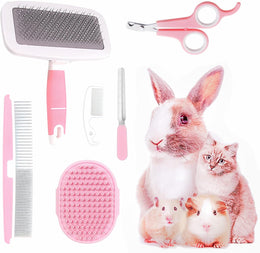 Small Animal Pet Grooming Kit Pet Shedding Slicker Brush, Bath Massage Glove, Pet Grooming Comb, Nail Clipper Trimmer Rabbit, Puppy, Kitten, Guinea Pig, Hamster, Ferret (Pink), 6 Pc Set