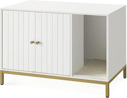 Feandrea Cat Litter Box Enclosure, Hidden Litter Box Furniture with Scratching Mat, Tall Legs, Cat House, Side End Table, 80 x 50 x 55 cm, White and Gold PCL007W01V1