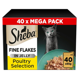 Sheba Fine Flakes in Jelly – Poultry Collection – Wet cat food pouches for adult cats – 40x85g pack