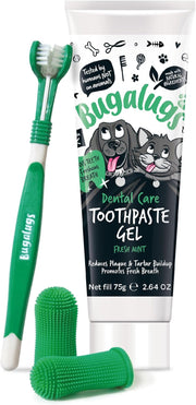 Bugalugs Dog and Cat Dental Care Kit: Toothpaste, 2 Finger Cat Toothbrushes, Dog Toothbrush for Plaque Removal and Fresh Breath