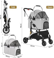 Dog Stroller, Foldable Pet Stroller, 3 in 1 Dog Cat Pushchair with Storage Basket Net Window Cup Holder, 360 ° Wear-Resistant Rubber Wheels Dog Travel Carrier, for Small Dogs & Cats (Silver Grey)