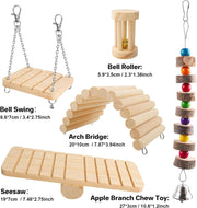 12PCS Hamster Chew Toys Set,Small Animal Molar Wooden Toys,Boredom Breakers Cage Accessories, Dumbbell Bridge Swing Seesaw Apple Wood Ladder Bell for Rat Guinea Pig Chinchilla Gerbils Rabbit