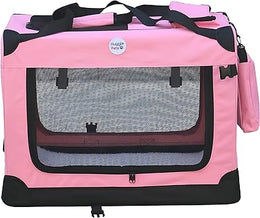 HugglePets Foldable Fabric Pet Crate Carrier - Pink (Small 50 x 34cm) Lightweight & Ventilated Double Door Carrier for Dogs & Cats with Sheepskin Mat. Ideal for Home & Travel.