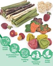 ERKOON 53 Pcs Rabbit Treats Boredom Breaker, Rabbit Chew Toys Set Apple Wood Timothy Hay Sticks Woven Balls for Chinchilla, Guinea Pig, Hamster for Teeth Care and Exercise