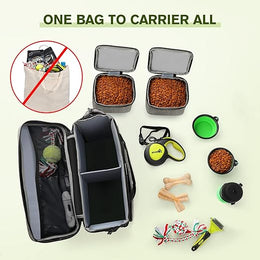 pecute Dog Travel Bag Large, Portable for Travel, Pet with Multi-Function Pockets, Tote Organizer Outdoor use Set 2 Food Bags + Collapsible Bowls, Grey