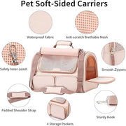 FUKUMARU Cat Carrier, 4 Mesh Windows Small Dog Carrier, 4 Storage Pockets Cat Travel Bag, Under 6.8 Kg Airline Approved Pet Carrier, Rollable Cover for Nervous Cats, Pink