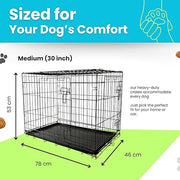 Straame Heavy-Duty Folding Dog Crate for Medium Dogs, 78 × 46 × 53 cm (30″) Black Metal Cage with Front & Side Doors, Chew-Resistant, Removable Easy-Clean Plastic Tray & Carry Handle