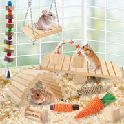 12PCS Hamster Chew Toys Set,Small Animal Molar Wooden Toys,Boredom Breakers Cage Accessories, Dumbbell Bridge Swing Seesaw Apple Wood Ladder Bell for Rat Guinea Pig Chinchilla Gerbils Rabbit
