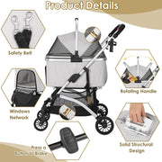 Dog Stroller, Foldable Pet Stroller, 3 in 1 Dog Cat Pushchair with Storage Basket Net Window Cup Holder, 360 ° Wear-Resistant Rubber Wheels Dog Travel Carrier, for Small Dogs & Cats (Silver Grey)