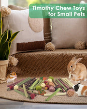 ERKOON 53 Pcs Rabbit Treats Boredom Breaker, Rabbit Chew Toys Set Apple Wood Timothy Hay Sticks Woven Balls for Chinchilla, Guinea Pig, Hamster for Teeth Care and Exercise