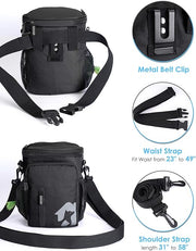 Gobeigo 8 Cup Dog Treat Pouch and Training Clicker, Dog Walking Bag with Phone Holder, Built-in Poop Bag Dispenser, 3 Ways Wearable Pet Fanny Pack for Outdoor Travel(Gray & Black) (Black)