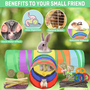 26-in-1 Natural Rabbit Toys with Rabbit Tunnel Set, Various Chew Toys Boredom Breakers Collapsible Tunnel and Hides for Rabbits, Hamster, Guinea Pig Small Animals Teething Activity
